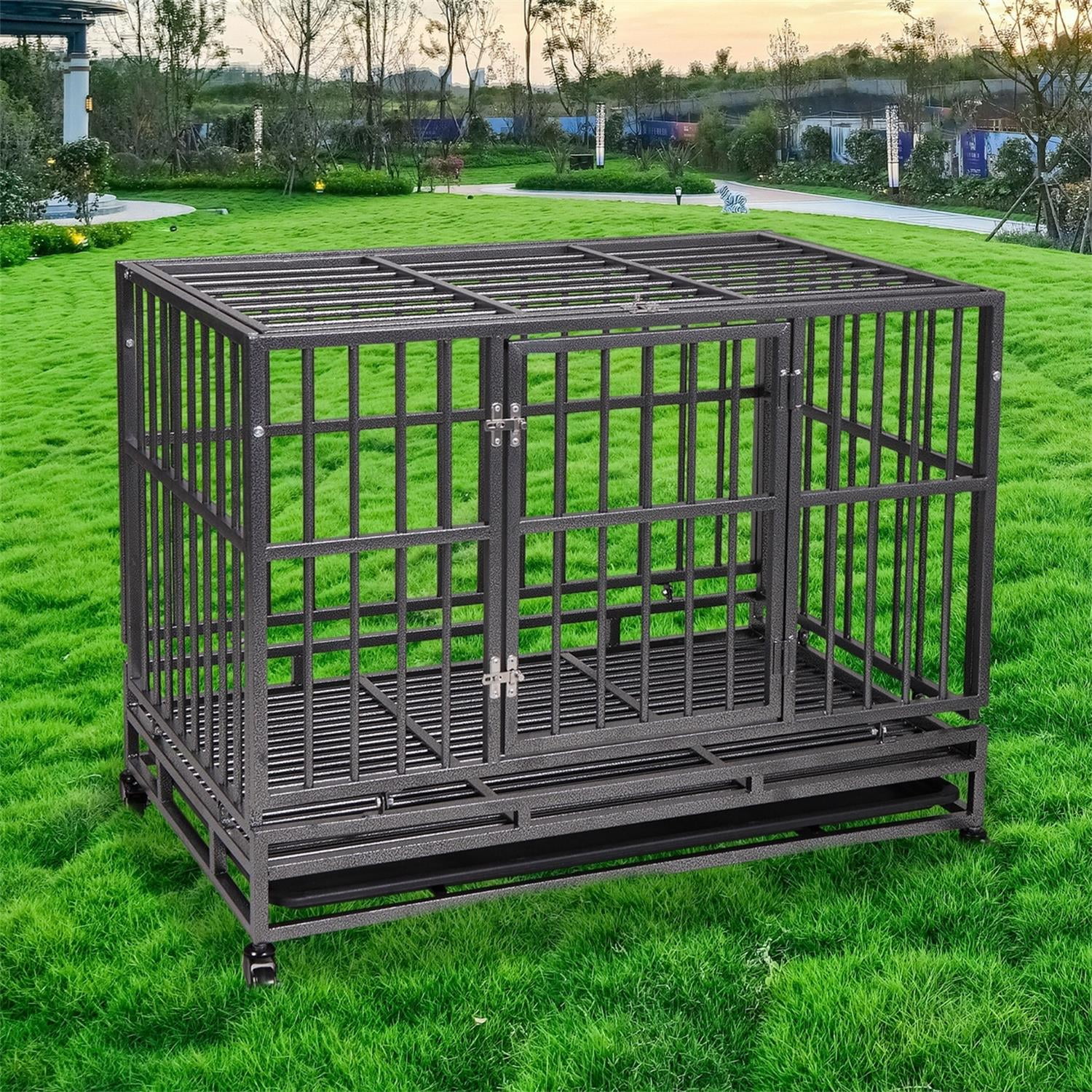 Pefilos 38 Inch Heavy Duty Dog Crate, Escape Proof Dog Cage Kennel with Lockable Wheels, Large House Indoor for Large Dog with Removable Tray, Black, M Pefilos 38 Inch Heavy Duty Dog Crate, Escape Proof Dog Cage Kennel with Lockable Wheels, Large House Indoor for Large Dog with Removable Tray, Black, M