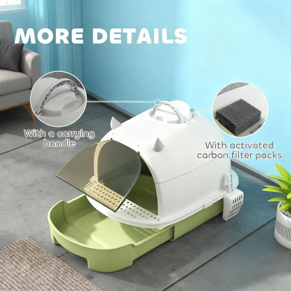 Green Covered Cat Litter Box with Lid, Enclosed Litter Box with Drawer, Scoop, Deodorizing Bags, Anti-Tracking Pedal, Portable No Assembly for Cats Under 10 lbs