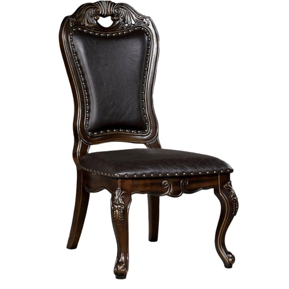 JERFIT Traditional Dining Chairs Set of 2, Walnut Brown Upholstered Side Chairs with Leatherette Seat and Carved Wooden Legs for Formal Dining Room