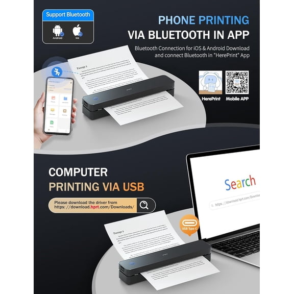 Portable Wireless Thermal Printer for Travel, Inkless Mobile Printer Support A4 US Letter, 300 DPI, Black