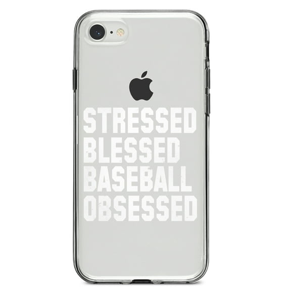 DistinctInk Clear Shockproof Hybrid Case for iPhone 7 8 SE (2020 Model) 4.7" Screen TPU Bumper Acrylic Back Tempered Glass Screen Protector - Stressed Blessed Baseball Obsessed