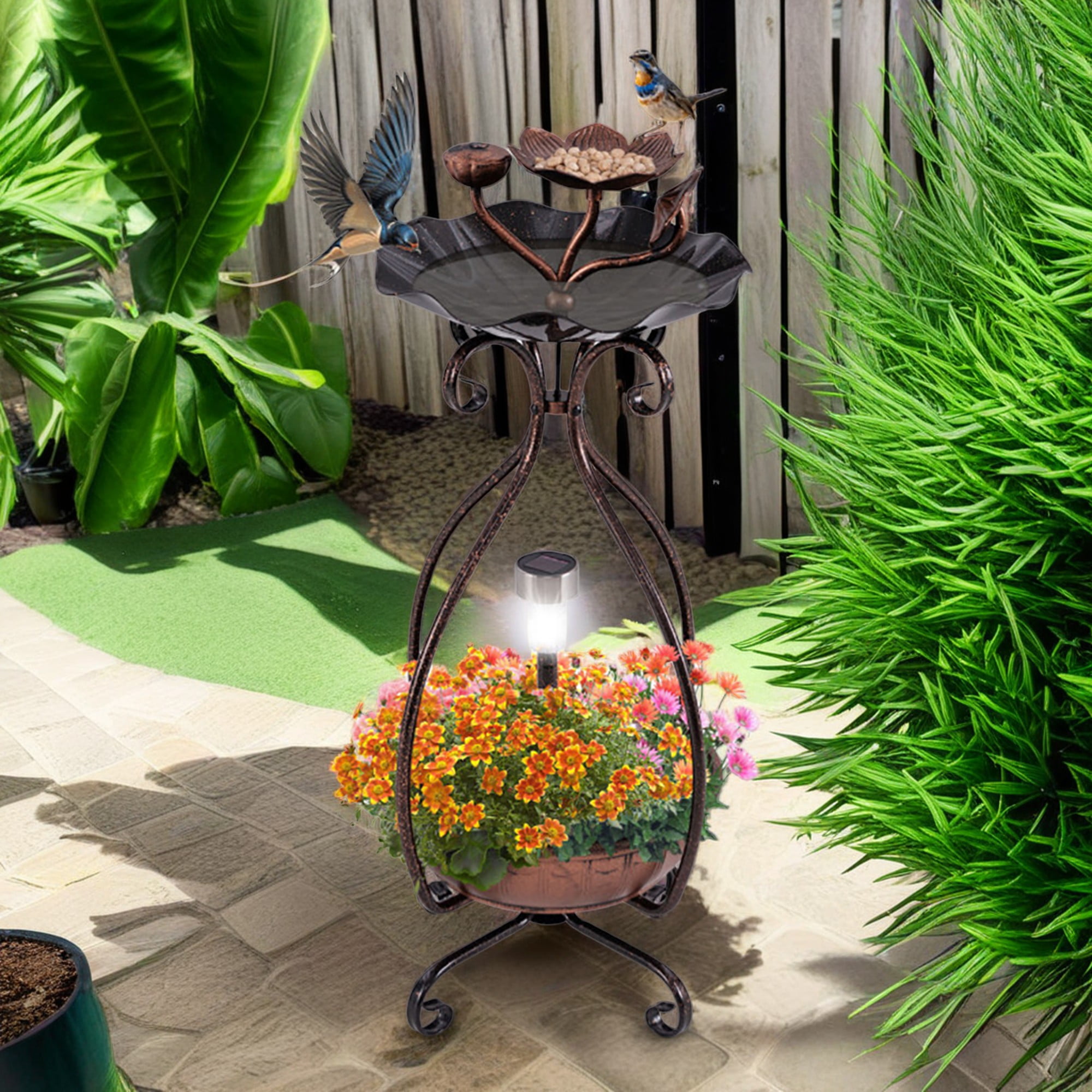Kadyn 31" Outdoor Pedestal Garden Bird Bath with Solar Light, Bird Feeder and Flower Planter, Standing Lotus Leaf Bowl Birdbath, Brown