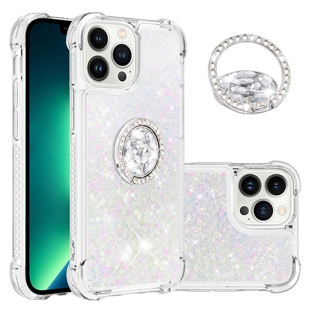 Funda para iPhone 14 Pro Max con Brillo Líquido Flotante, Purpurina, Parachoques y Anillo Giratorio Soporte