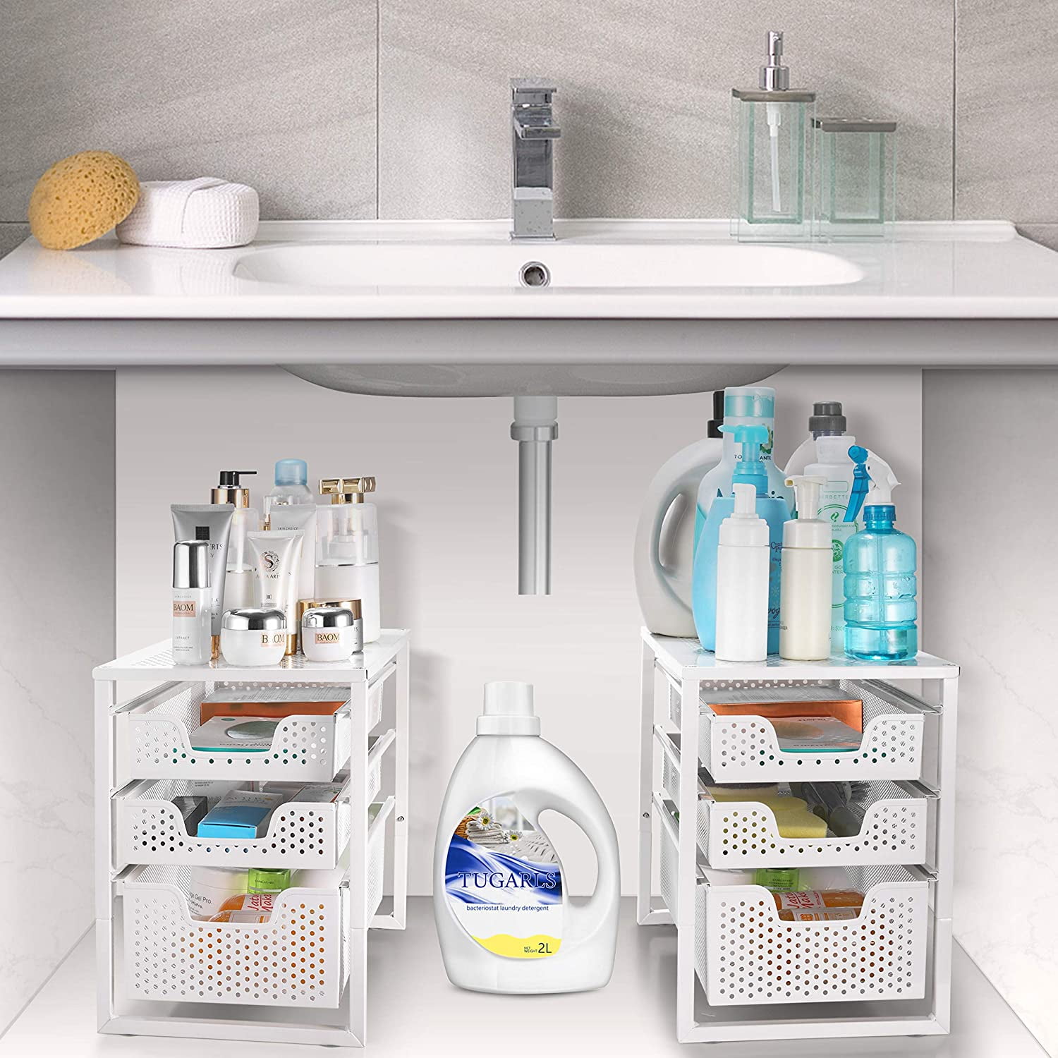 3-Tier Under Sink Cabinet Organizer with Sliding Storage Drawer, Desktop Organizer for Kitchen Bathroom Office, Stackbale,White