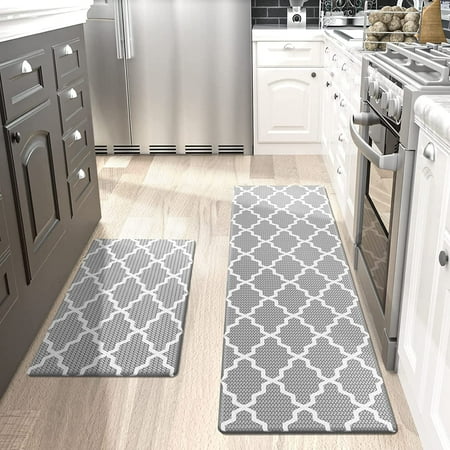 Kitchen Rugs and Mats 2 Piece Set,17.7"x29.5"+17.7"x59" Anti Fatigue Runner Rug Waterproof Memory Rug Cushioned Standing Mat,Light Gray