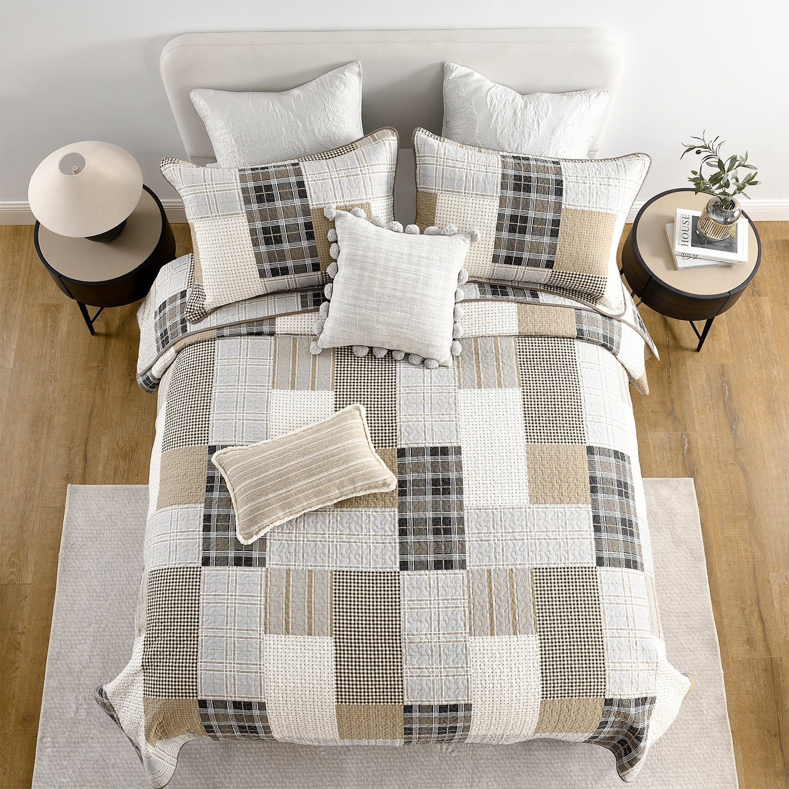 DDUOXIN Queen Size Quilt Set - 100% Cotton Beige/Brown Patchwork Plaid Farmhouse Quilt for Queen Bed, Lightweight Winter Quilt Reversible Thin Comforter Set with 2 Pillow Shams, 3-Piece 98"x90"