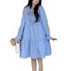 thumbnail image 4 of Vestido de mujer de una pieza de color puro, ajuste casual, falda cómoda, mangas largas para viajes de verano, azul L, 4 of 8
