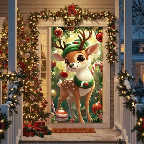 180x90cmChristmas High-end Santa Claus Snowman Reindeer Polyester Material Decoration Door Curtain Hanging Decoration