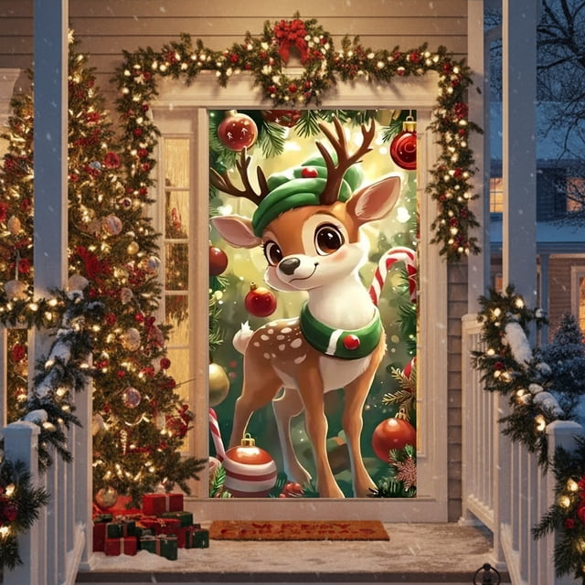 Adornos navideños, adornos navideños, regalos navideños 180x90cm Navidad de alta gama Papá Noel, muñeco de nieve, reno, material de poliéster, decoración, cortina de puerta, decoración colgante, cubie