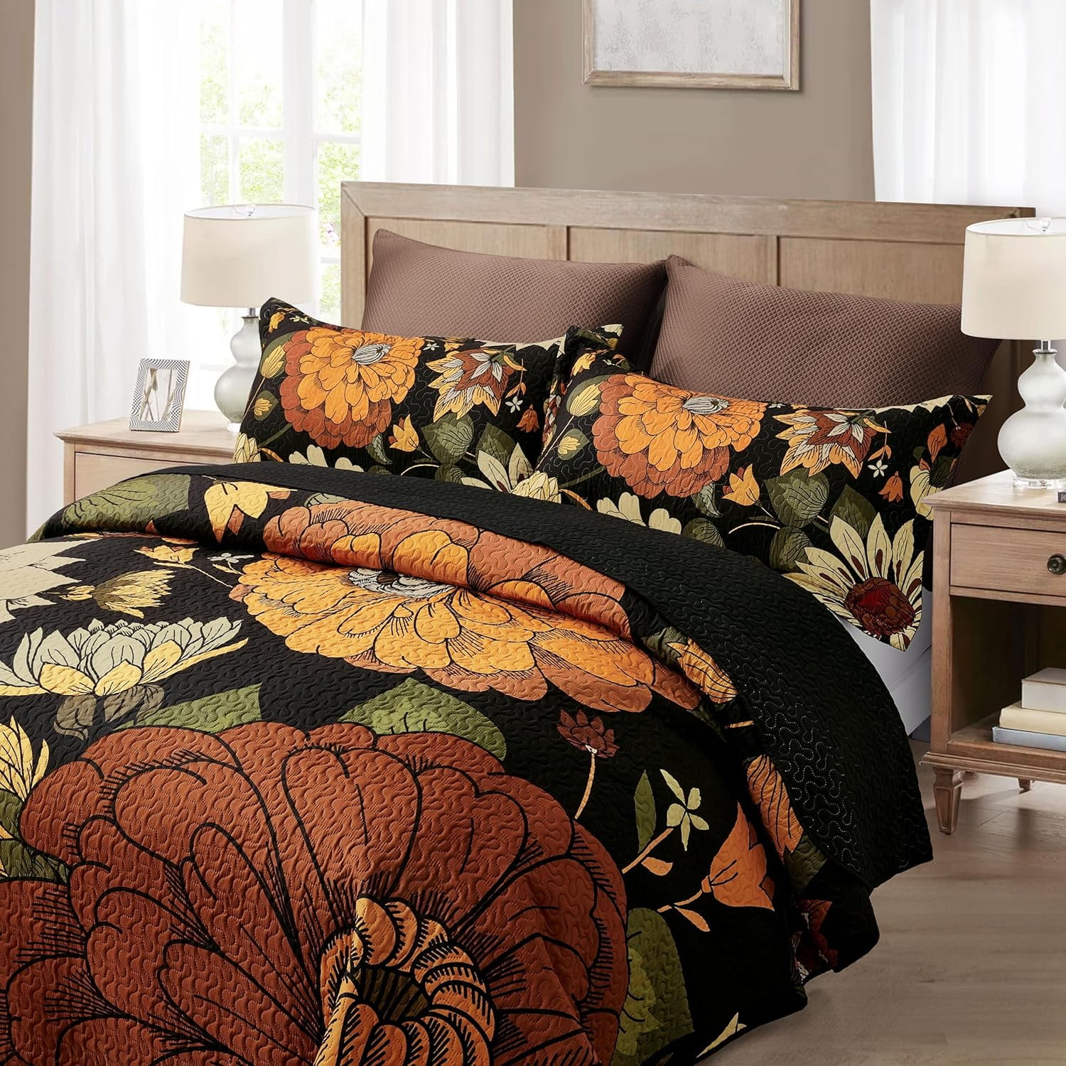 Tyrot 3 Piece Black Boho Floral Full/Queen Quilt Sets Farmhouse Reversible Comforters Bedding King Quilt Sets  90"x96"