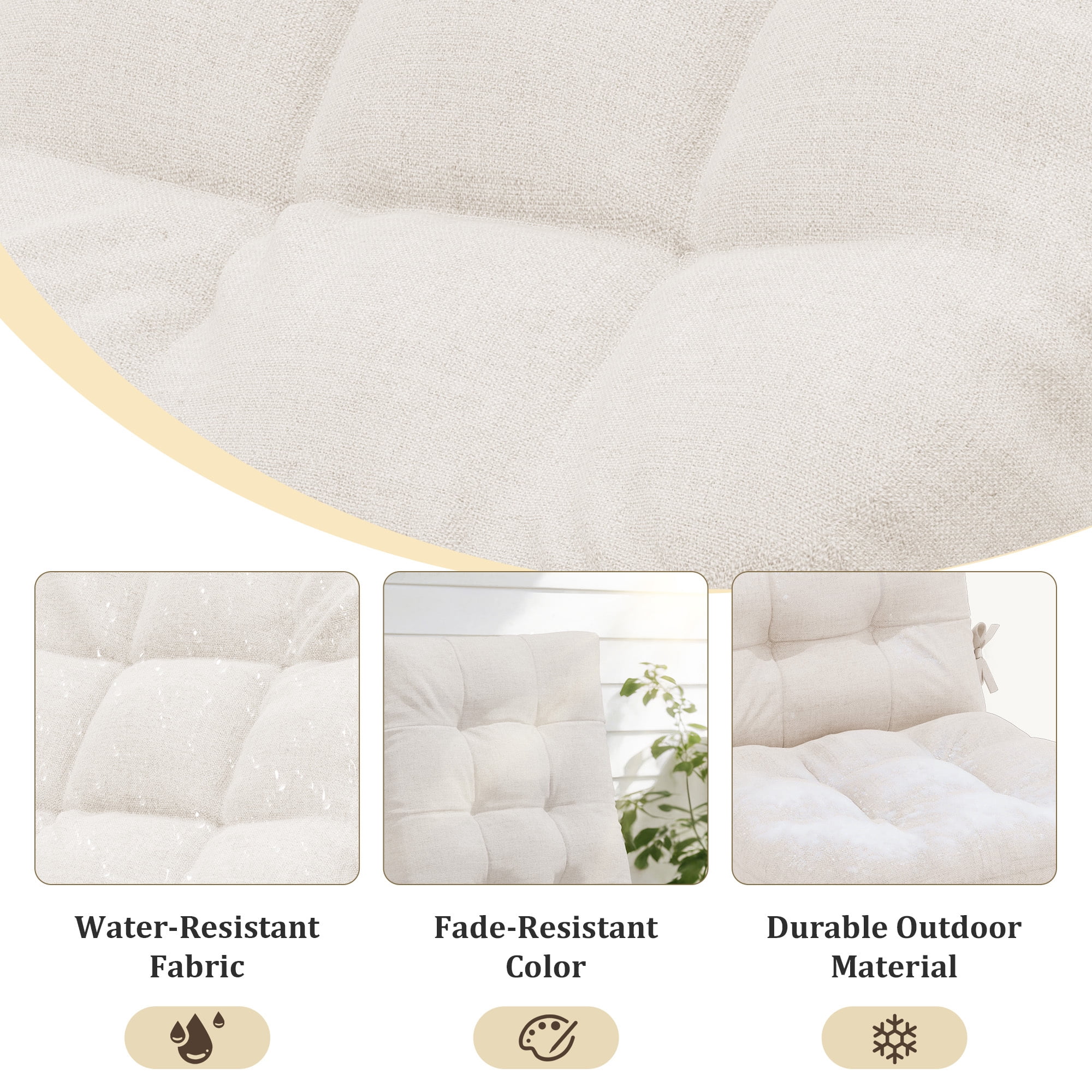 FUNDAZE Outdoor Chair Cushion, 47"L x 19.9"W 2 Piece Cushion W/ Ties for Indoor Outdoor Rocking Chairs, Beige