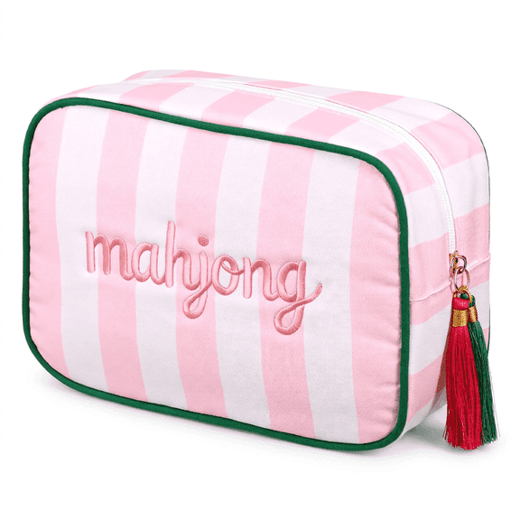 Mahjong Bag for Tiles, Thickened Polyester Mahjong Tile Storage Bag with Smooth Zipper & Cute Tassel, Pink & White Striped Travel Case (Bag Only)