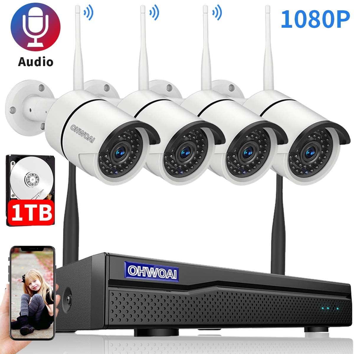 Wireless Security Camera System,OHWOAI Home Surveillance Cameras System, 8CH NVR and 4pcs Indoor