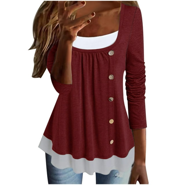 IROINID Réduit Dames Long Sleeve T-Shirts Hiver Aguichant Col Rond Poche Hauts Imprimés Blouse Régulière, Vin