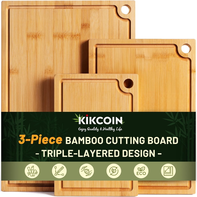 Kikcoin Bamboo Cutting Board Set, 3 Pieces with Hooks photo 1