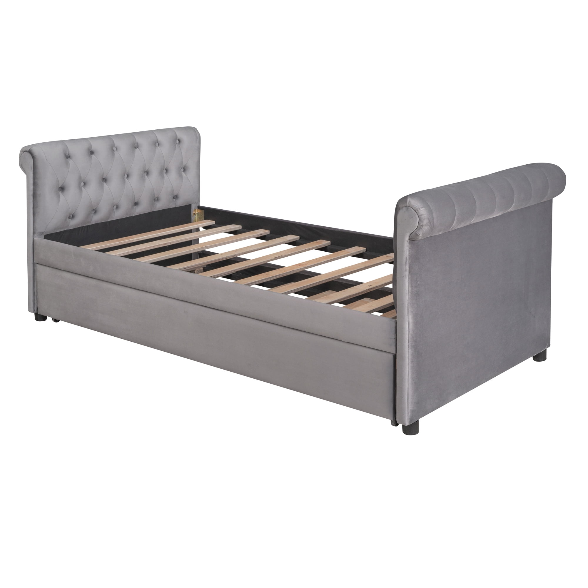 Aukfa Twin Size Upholstered Daybed with Trundle Bed, Velvet Button Tufted Sofa Daybed - Gray