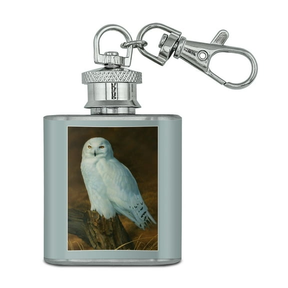 Snowy Arctic Owl on Tree Stump Stainless Steel 1oz Mini Flask Key Chain