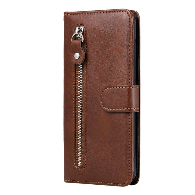 Case for Samsung Galaxy A22 4G Zipper Pocket Wallet Leather Case Magnetic Closure Flip Cover - Brown