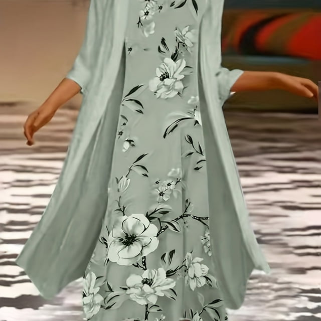 Plus Size Outfits Set, Women's Plus Floral Print Round Neck Tank Dress & Long Sleeve Coat Outfits Two Piece Set