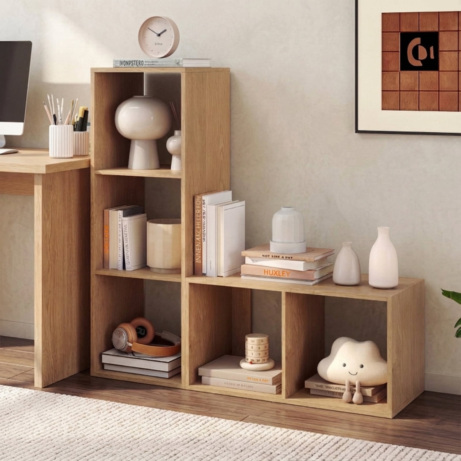 Furnibear 3-Cube Bookshelf with Back Guardrail Reinforced Crossbar and Anti-Tipping Kits for Living Room and Bedroom Books and Storage Boxes, Natural