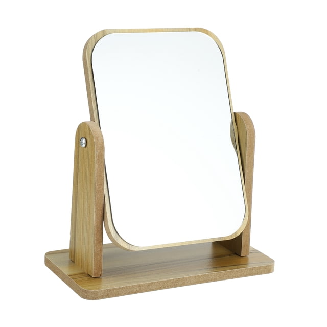 Espejo de Maquillaje de Madera Natural Único Bargains con Soporte Rotatorio para Escritorio Beige Pequeño