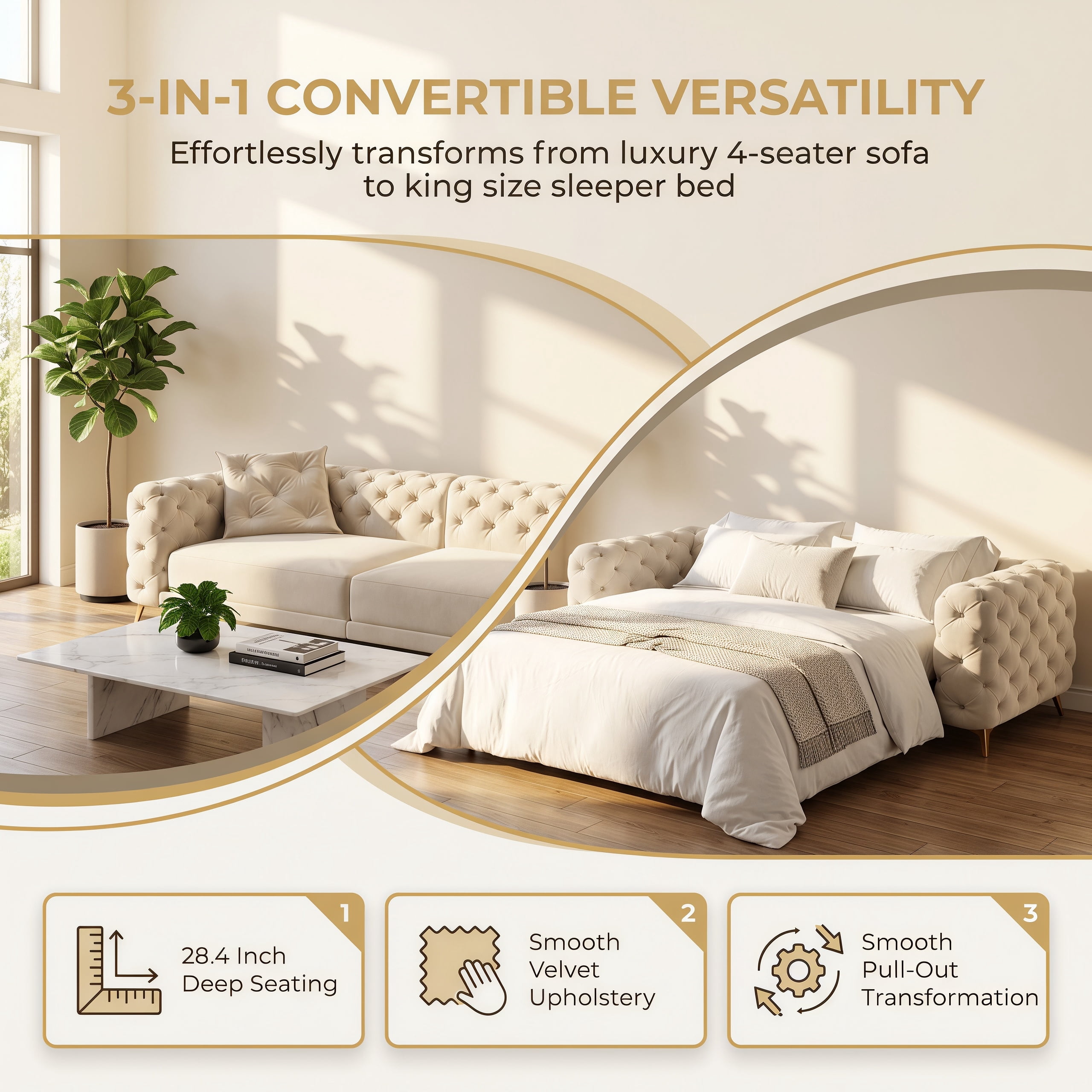 3-in-1 Velvet Sleeper Sofa Bed, 97.7" Modern Button Tufted Convertible Pull Out Couch with Gold Metal Legs & Deep Seat for Living Room, Beige