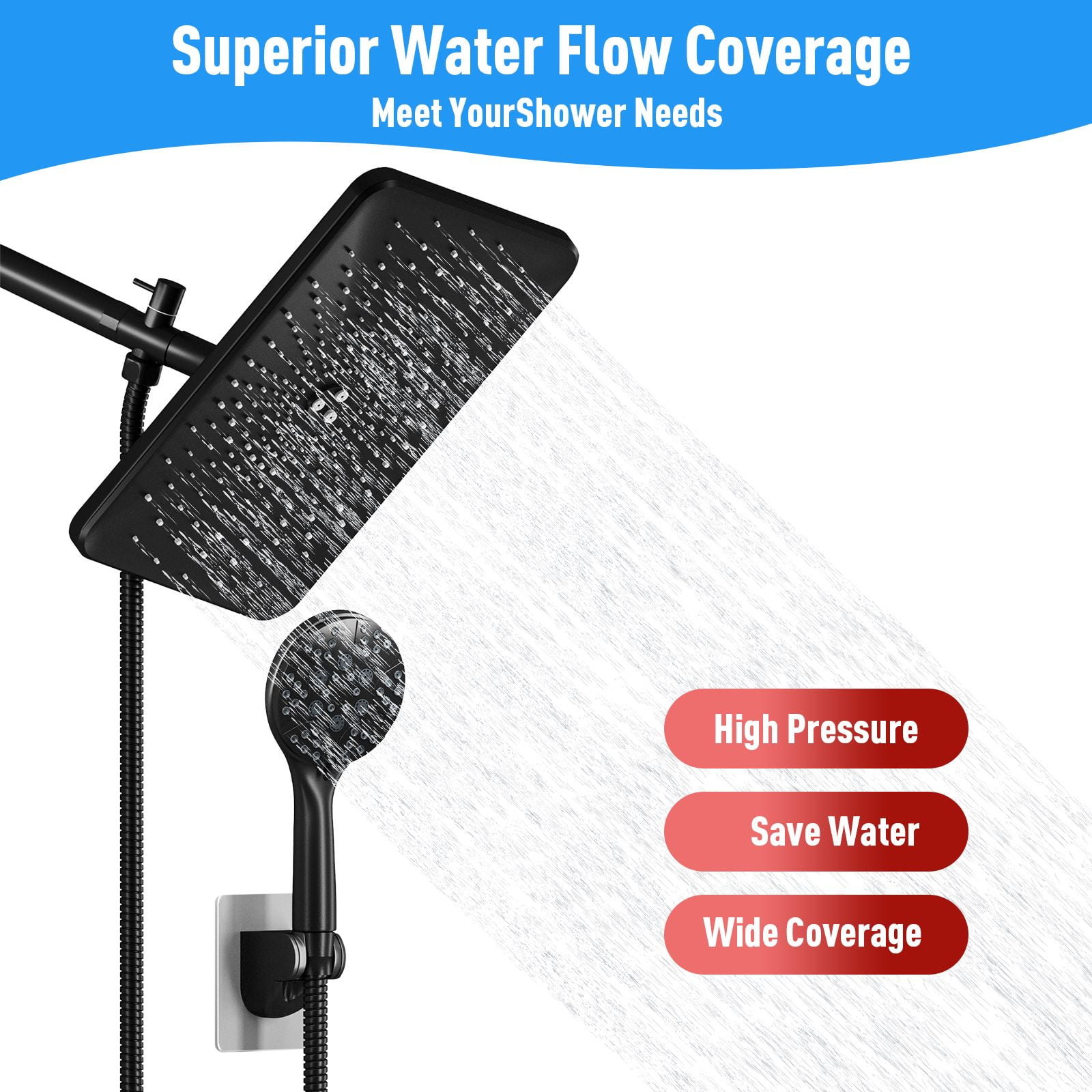 IUSU 11.8" Shower Head Set High Pressure Rainfall Rain Shower Head 8-Setting Handheld with Hose Black