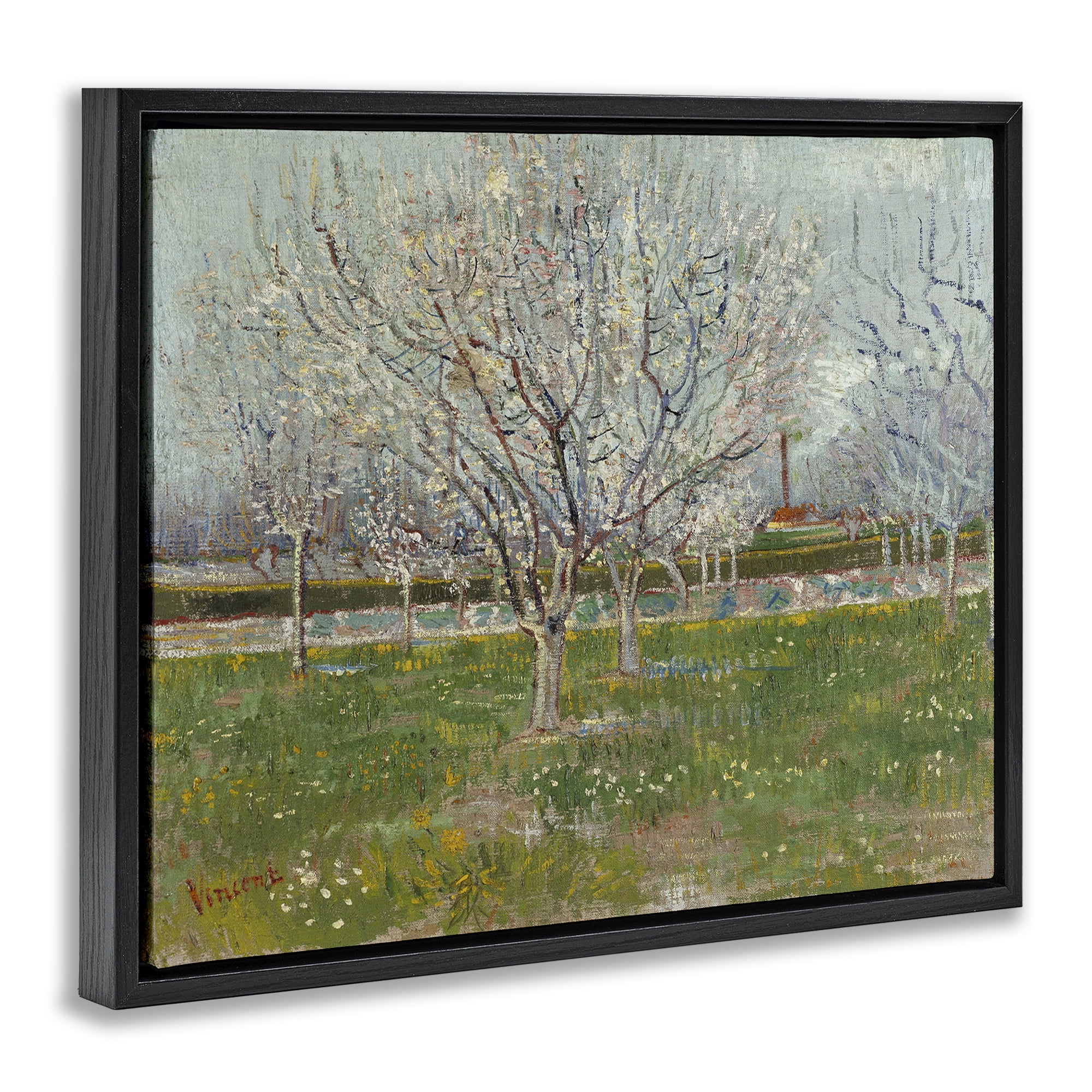 Stupell Industries Van Gogh Orchard in Blossom Landscape & Nature Painting Black Floater Framed Canvas Art Print Wall Art, 21 x 17