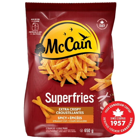 McCain® Superfries® Extra Crispy Spicy Straight Cut Fries, Made in Canada from domestic and imported ingredients, 650g