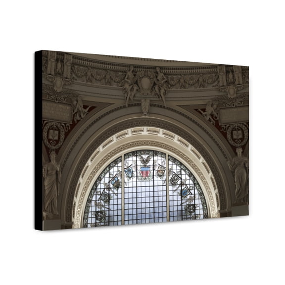 Canvas Print: Main Reading Room. Semi-Circular Stained Glass Window In Alcove By