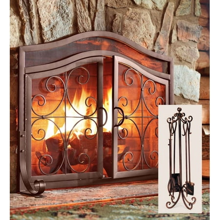 Large Crest Fireplace Screen With Doors Fireplace Tool Set