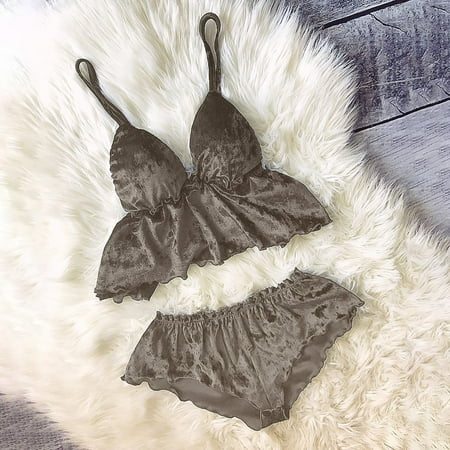 USSUMA Womens Lingeries Sexy Lingerie for Women Plus Size Womens Underwear Ladies Fashion Solid Color Erotic Hollow Sexy Deep V Satin Sexy Camisole Top Short Pajama Suit Deals Gray XXXL