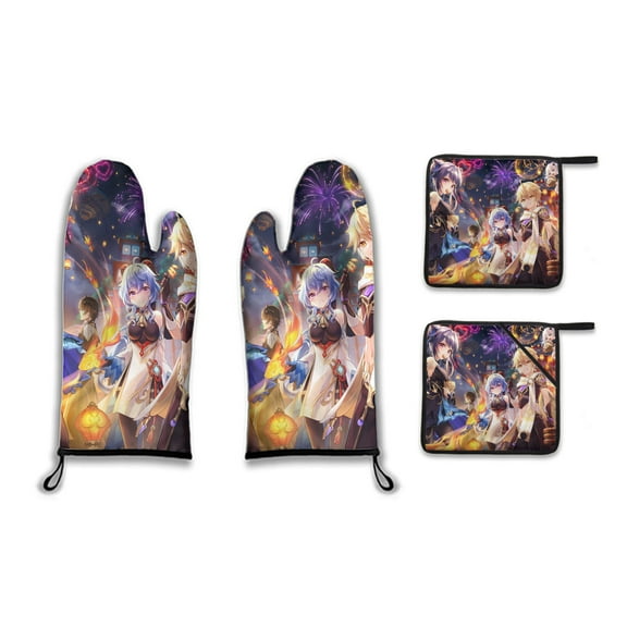 Genshin Impact Anime Oven Mitts and Pot Cover Pads Set Non-Slip Insulated Pads Heat Resistant Oven Mitts, 4-Piece Set, Suitable for Kitchen Baking Cooking Grilling