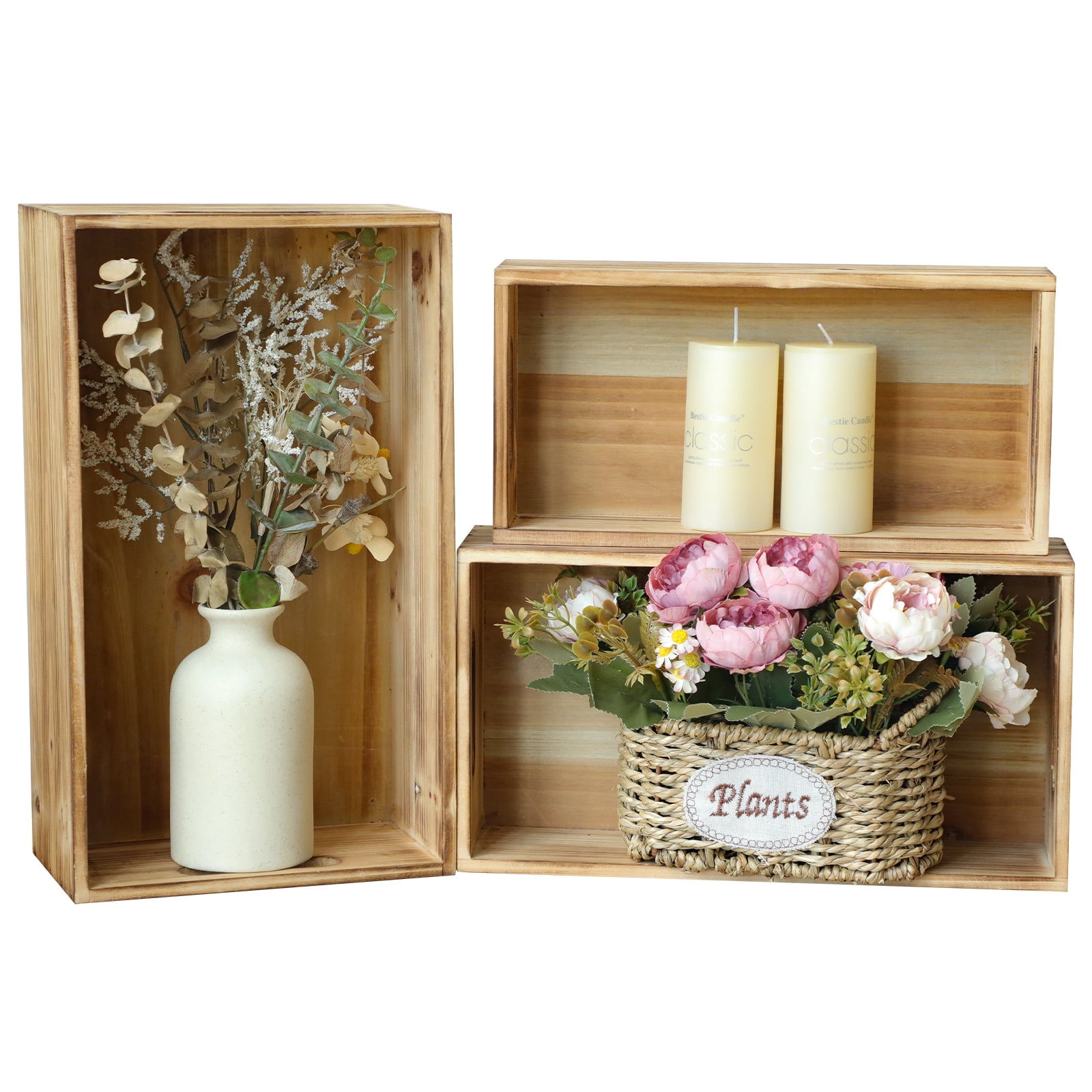 MODE HOME Wooden Storage Crates, Set of 3 Nesting Wood Boxes for Display and Organizing, Farmhouse Decorative Storage Bins for Crafts, Pantry & Living Room