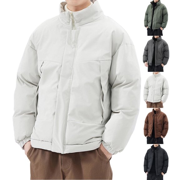 Mens Coats Puffer Jacket Stand Collar Full Zip Up Puffer Jackets Oversized Loose Fit Windproof Quilted Winter Coat with Drawstring Hem andZipper Side Pockets
