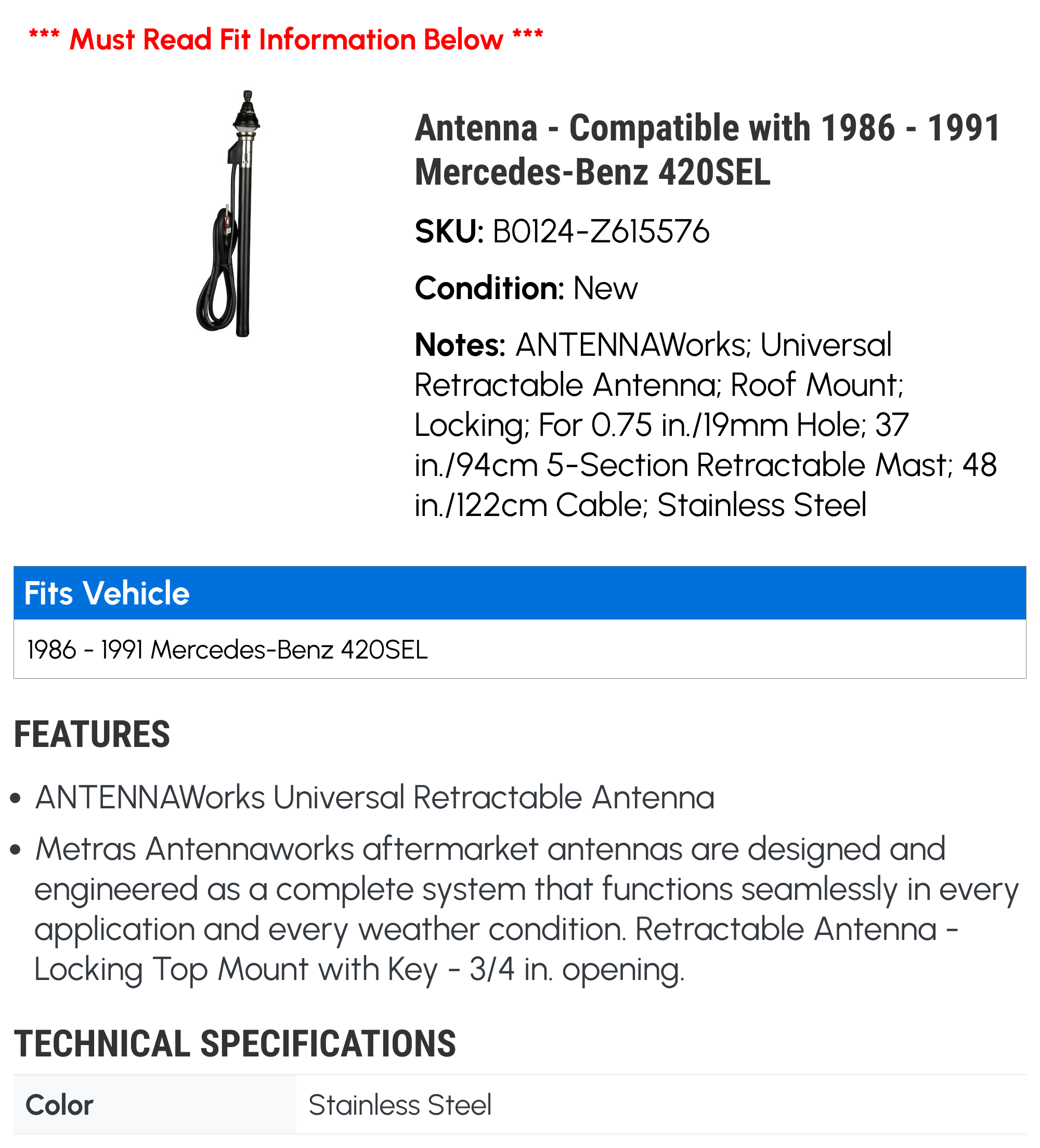 Surga Performance Electric Telescopic Antenna For Mercedes – 87cm, AM/FM, Chrome