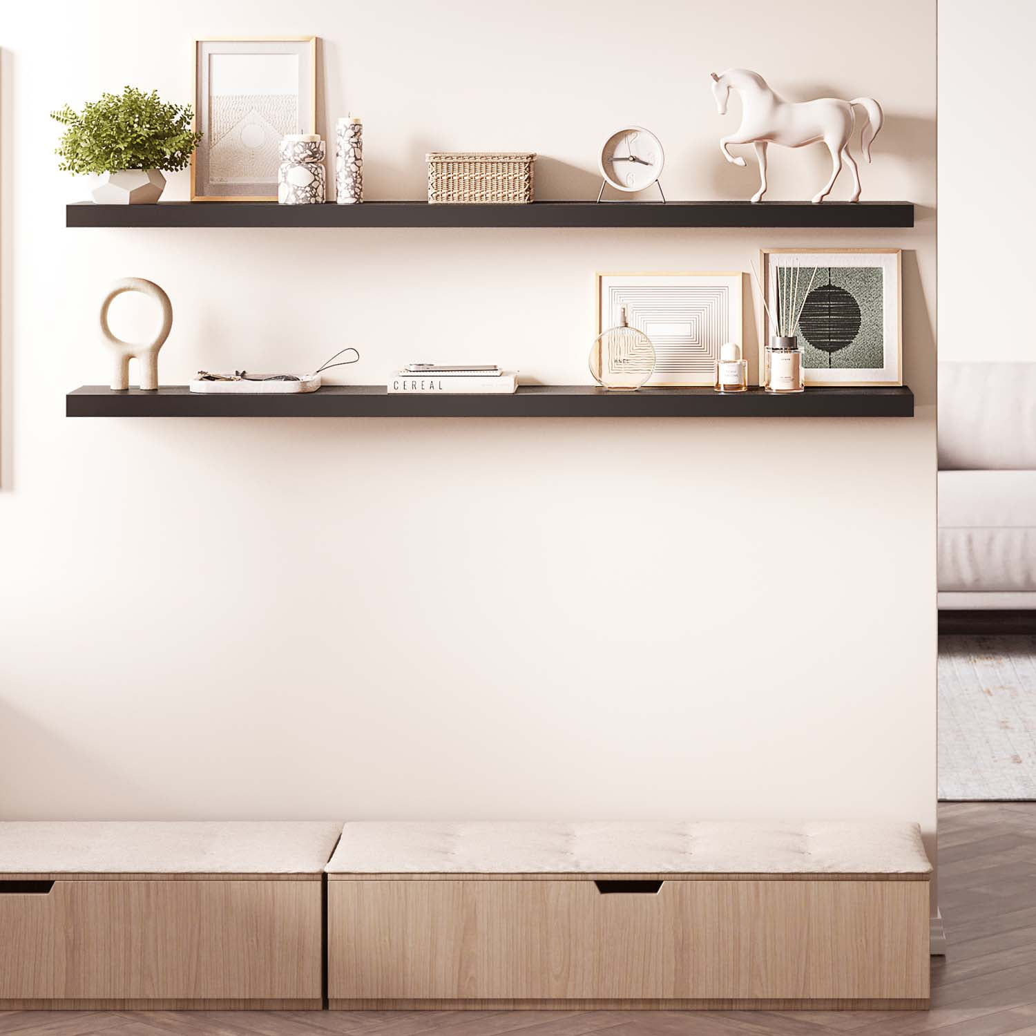 Ballucci 60" Floating Shelves, 2-Pack Wood Wall Shelf Set with Invisible Brackets, 8" Deep, Black