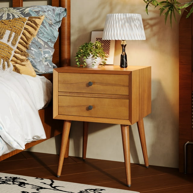 Noble House Mid-Century Nightstand with 2 Drawers, Solid Pine Wood, Natural
