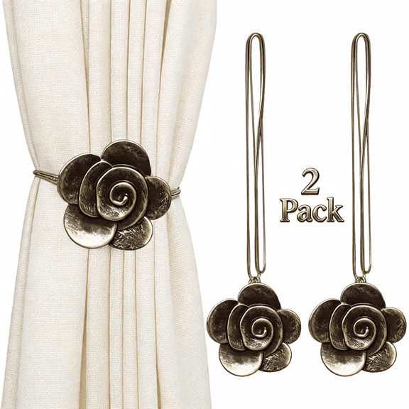 Magnetic Flower Curtain Tiebacks, 2-Pack Decorative Resin Floral Drapery Holdbacks with Rope, Vintage Bronze Retro Window Curtain Buckle Holders for Home, Cafe & Outdoor Balcony 1 Pair