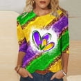 thumbnail image 2 of S LUKKC LUKKC Mardi Gras Shirt For Women Summer Carnival Theme Party Outfits Casual Fashion Print Pullover Round Neck 3/4 Sleeve Top Blouse, 2 of 4