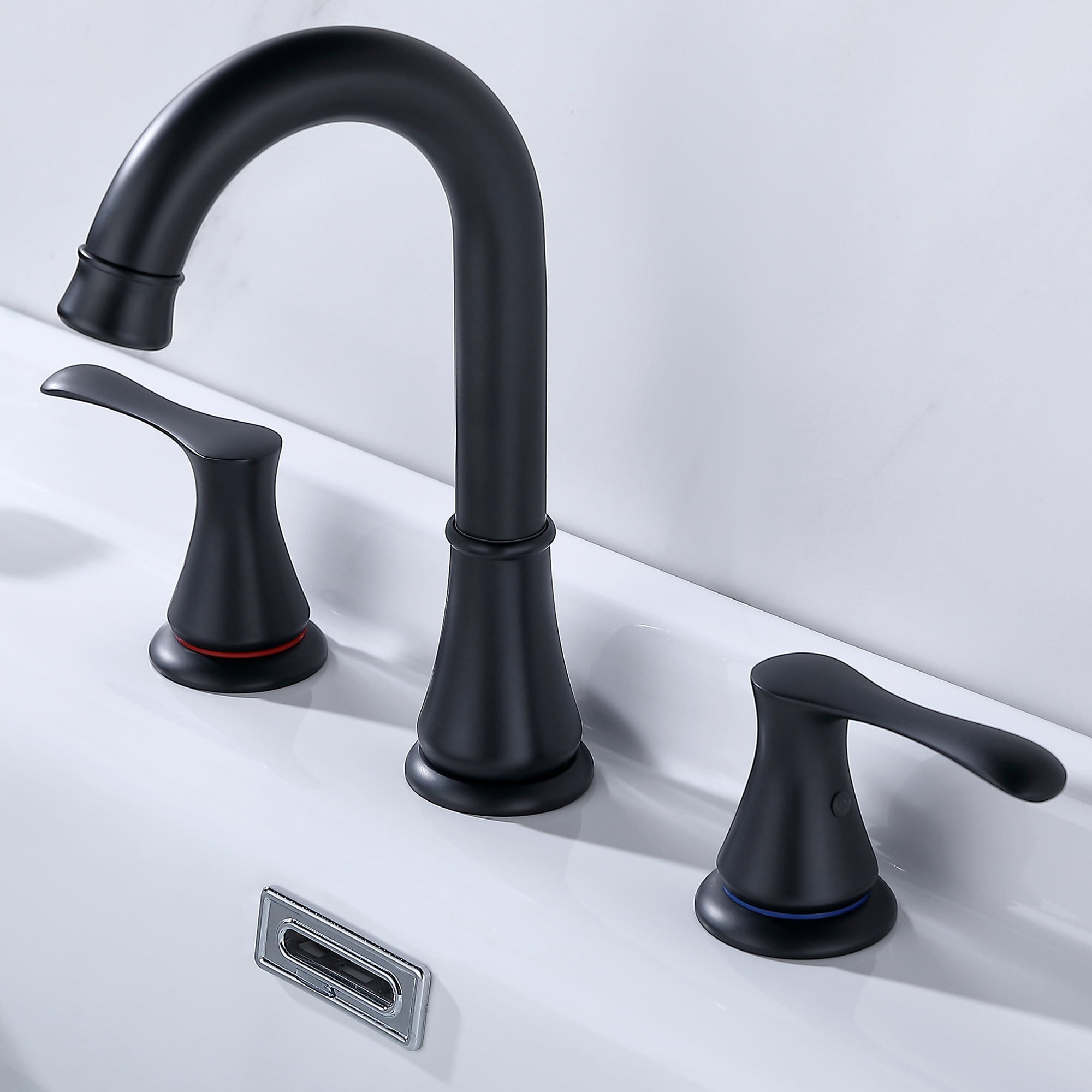 Adorer 3 Hole Bathroom Faucet with Pop-up Drain, 360 Degree Swivel Spout 2 Handle 8 inch Matte Black Widespread Bathroom Sink Faucet, Basin Faucet Mixer Taps