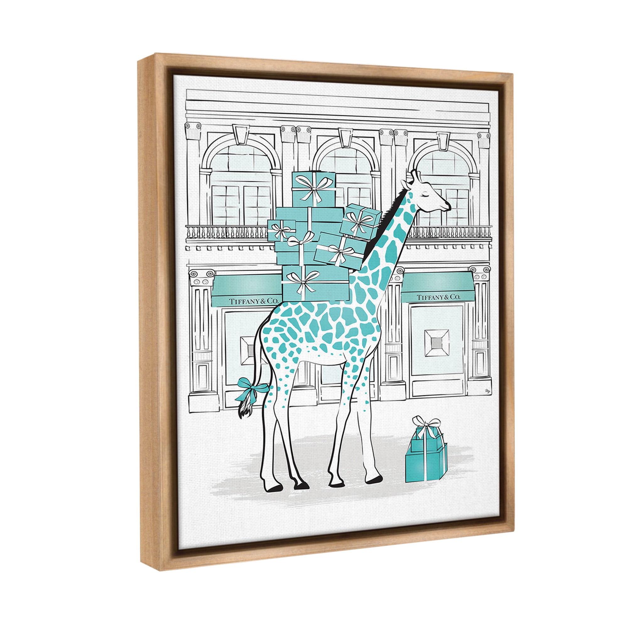 Stupell Industries Giraffe at Glam Storefront Animals & Insects Painting Brown Floater Framed Canvas Art Print Wall Art, 17 x 21