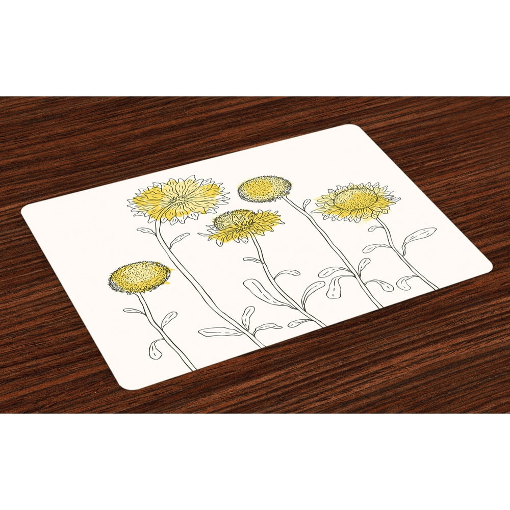 Yellow Flower Placemats Set of 4 Hand Drawn Style Sunflowers on Twigs