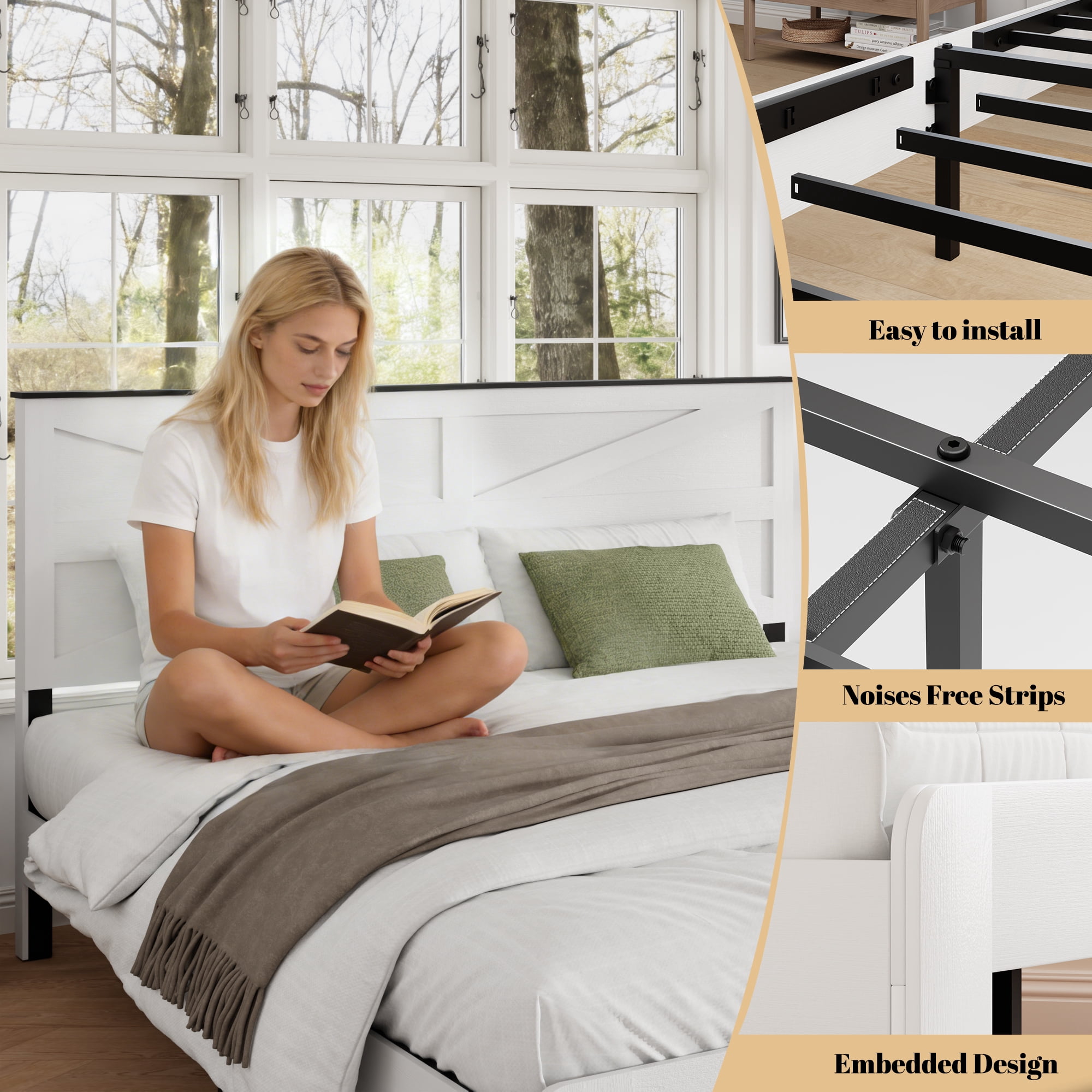 King Size Farmhouse Wooden Bed Frame with Headboard, Boho Platform Bedframe Sturdy Metal Slats Support, No Spring Mattress, Noisy Free, Easy Assembly (King, White)