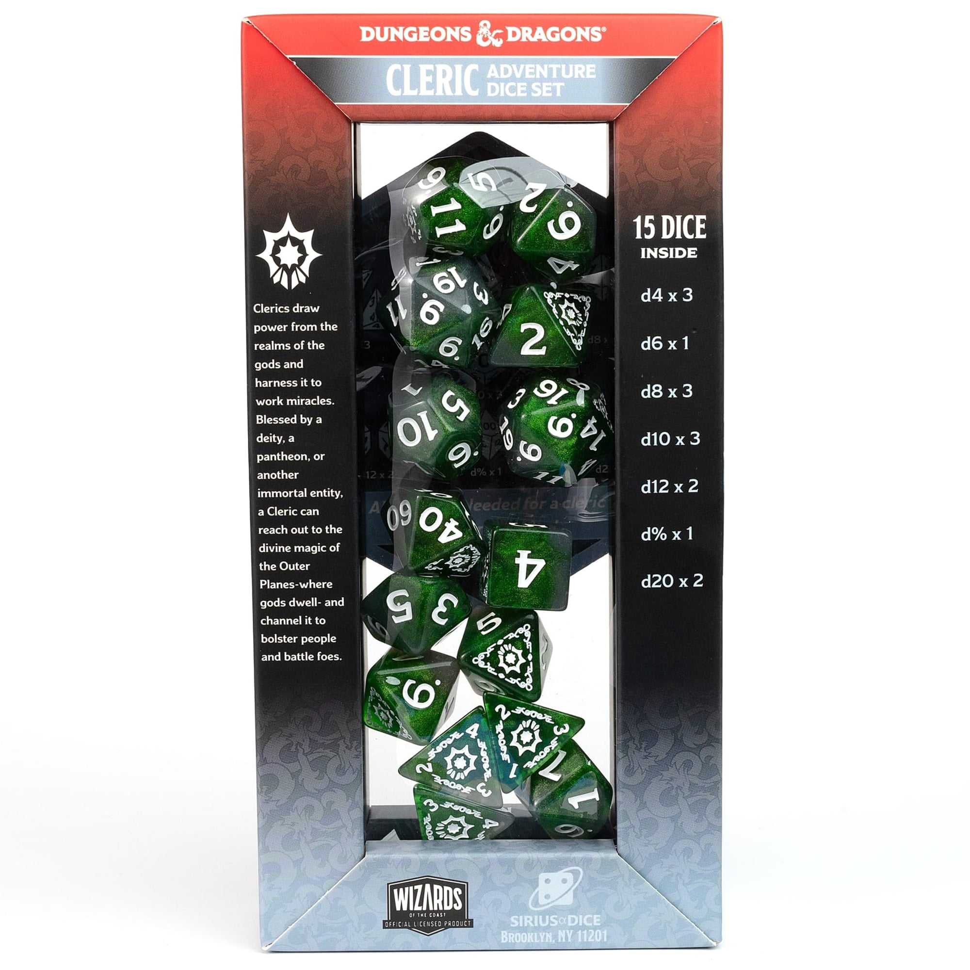 Dungeons & Dragons: D&D Adventure Dice: Cleric - Green - 15pc RPG Die Set, Class Symbols, Roleplaying Game Accessory, Sirius Dice, Officially Licensed