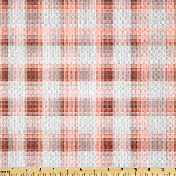 Ambesonne Checkered Fabric by the Yard Microfiber, Countryside Picnic, 5 Yards, Pale Peach and White
