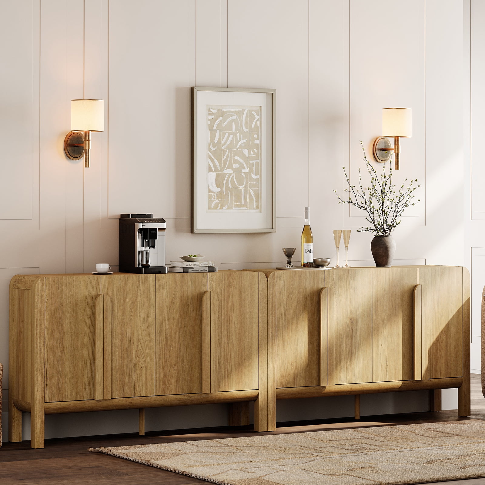 126" Accent Cabinet with 8 Doors and Adjustable Shelves, Modern Credenza Storage Cabinet with Curved Profile Design for Living Room, Kitchen, Dining Room, Hallway