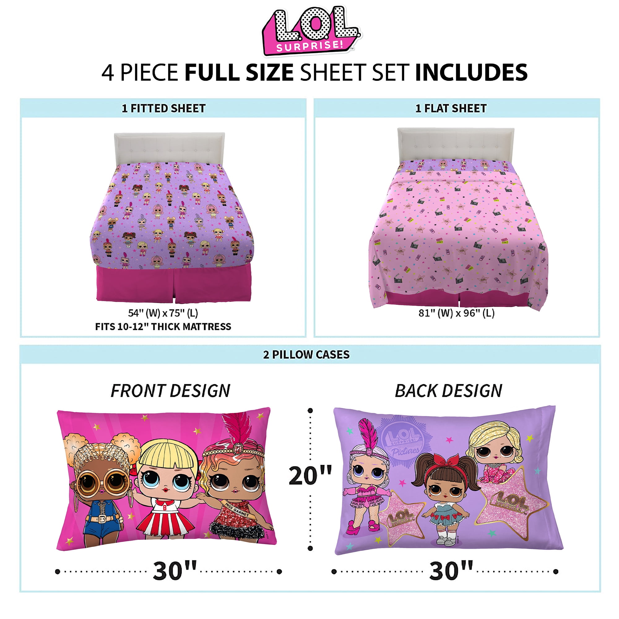 LOL Surprise Kids Full Sheet Set, Pink and Purple, MGA
