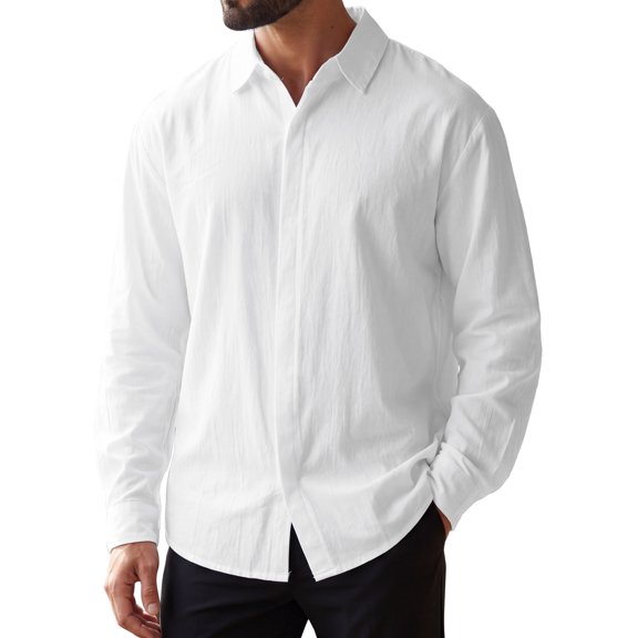 INSPIRE CHIC Back to School Men's Long Sleeve Button Down Solid Linen Dress Shirt M White