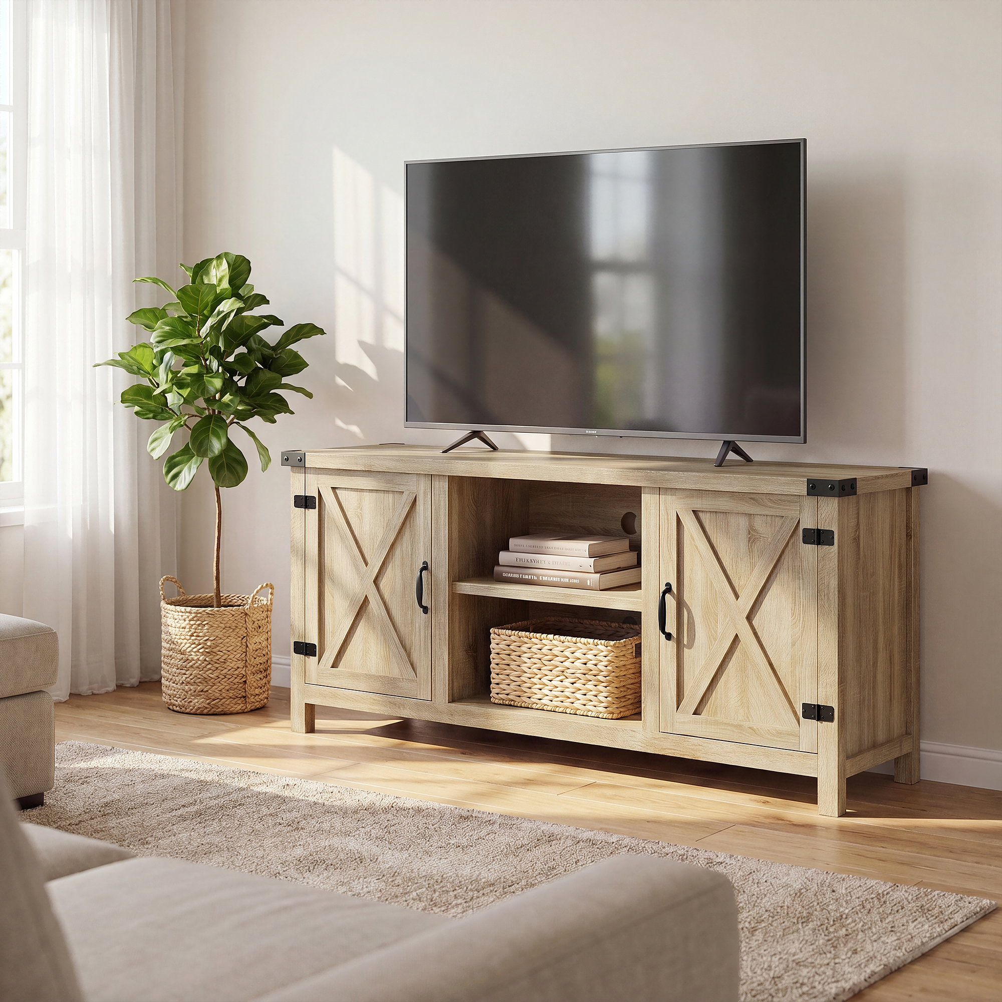 Homall Farmhouse TV Stand for 65", Oak Wood photo 3